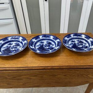 Pelew Pattern by E. Challinor: Antique Ironstone Flow Blue Soup Bowls, 1842-1867